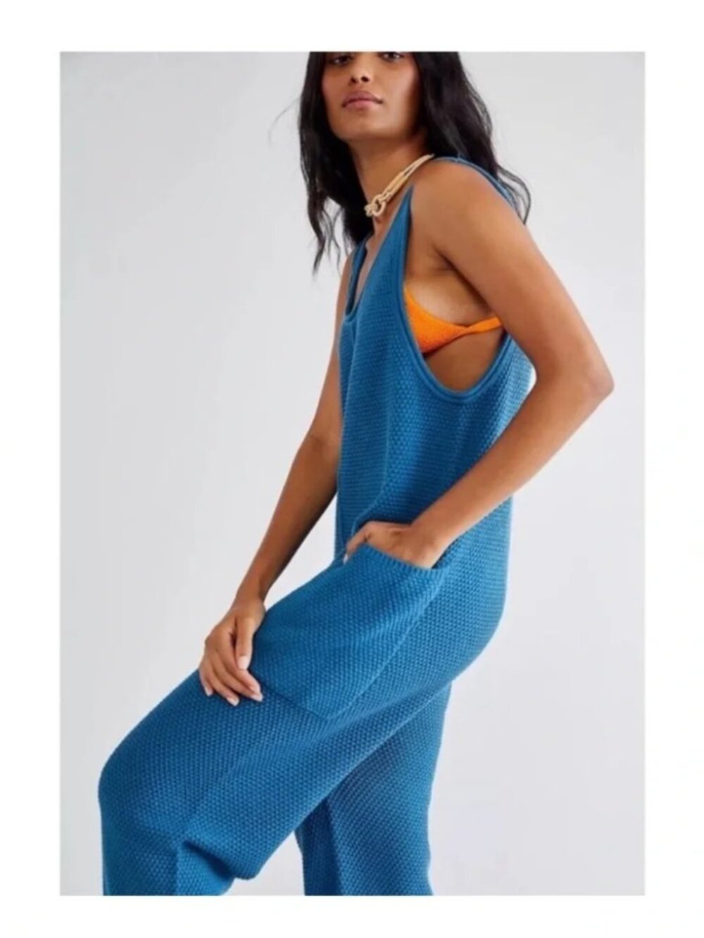 FREE PEOPLE BEACH (FP Beach) XS Blue Sapphire Knit V-Neck Jumpsuit Romper